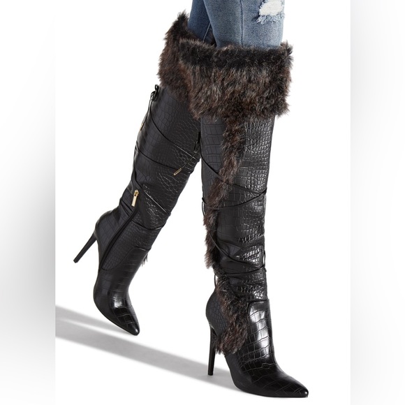 Shoe Dazzle Shoes - Shoedazzle Sheryl Faux Fur Stiletto Knee-High Heeled Boot